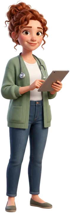 Léa, personnage de marque ProtectSanté, tablette à la main, souriante